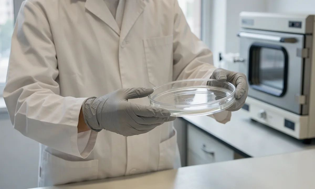 A technician in a pale laboratory coat examining an unmarked cell-culture dish