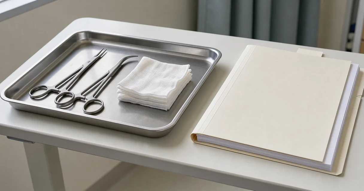Clean surgical forceps and folded gauze beside a cream treatment folder