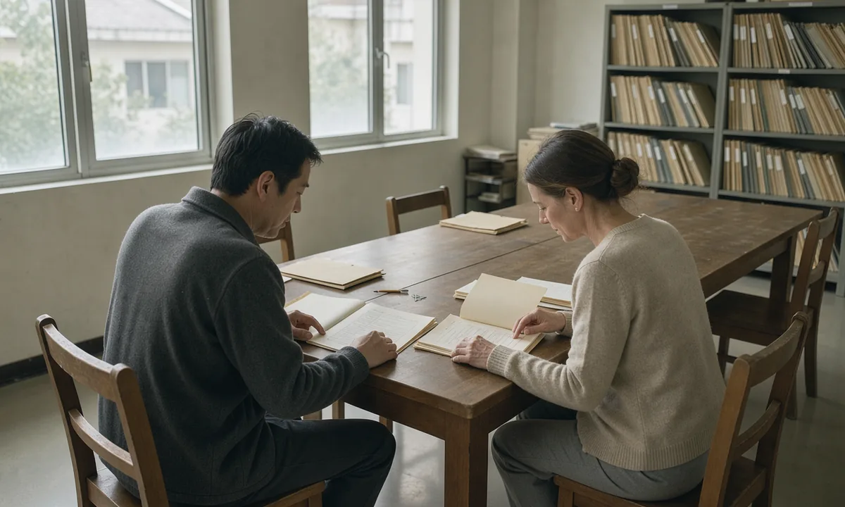 Two adults examining paper files together at a sunlit records-room table